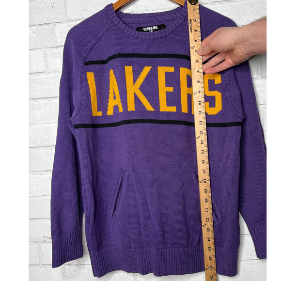 NBA Vintage Y2K Mens S LAKERS Knit Logo Sweater Front Pockets Crewneck Purple - Picture 6 of 7